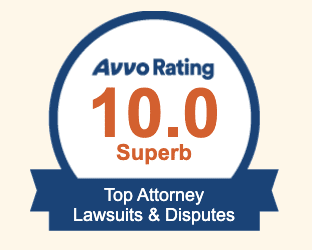 A badge that says avvo rating 1 0. 0 superb for top attorney lawsuits and disputes