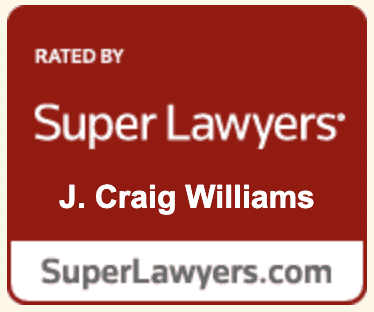 A red badge with the words " rated by super lawyers " and " j. Craig williams superlawyers. Com ".