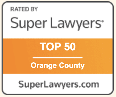 A badge that says " rated by super lawyers top 5 0 orange county."